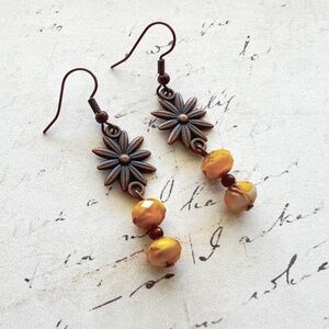 Copper Daisy Yellow Bead Earrings